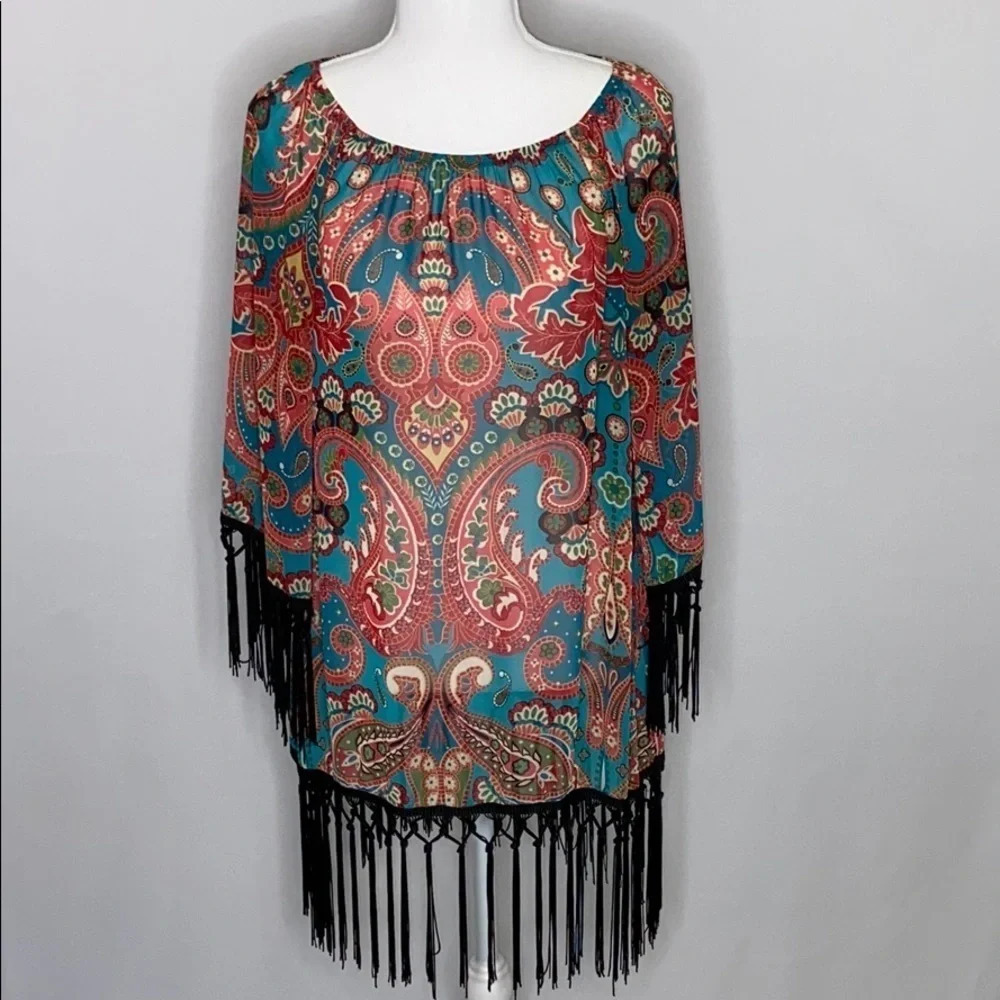 R. Rouge Fringed Paisley Boho Tunic - Size Medium